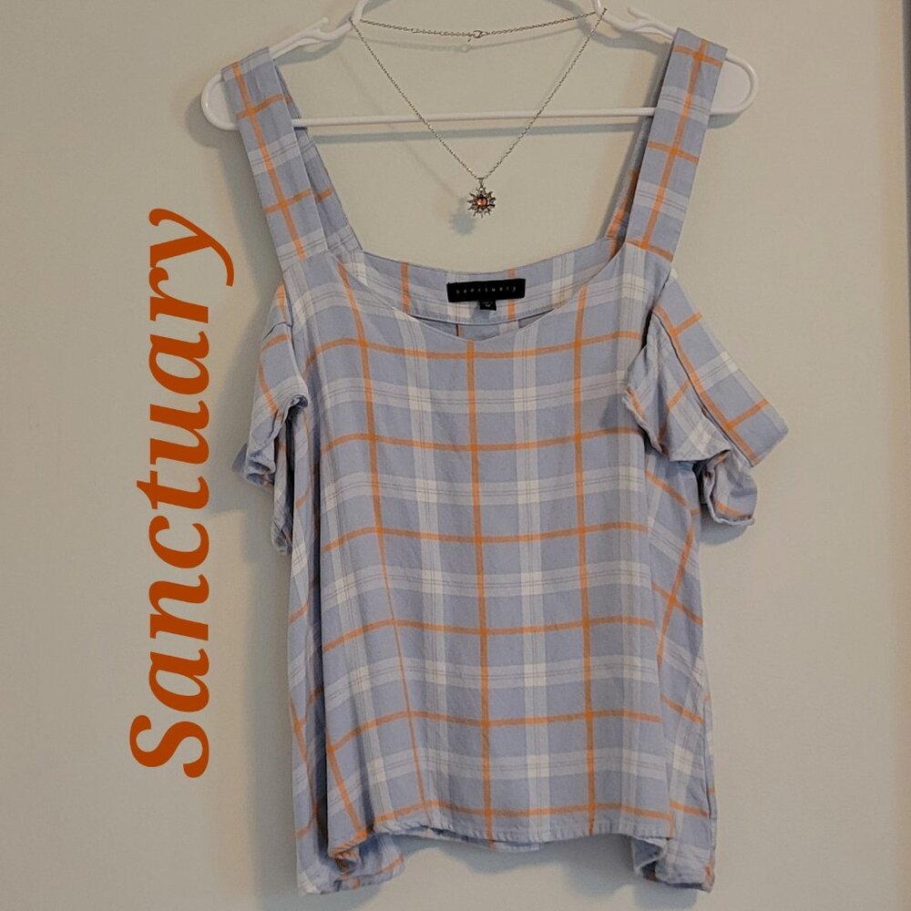 Sanctuary checkered blue & tangerine plaid cold shoulder sleeves top. Sz: M